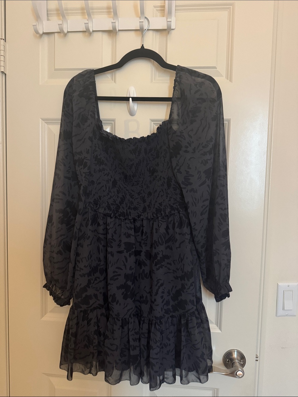 Aritzia Wilfred Black Smocked Tiered Long-Sleeve Dress